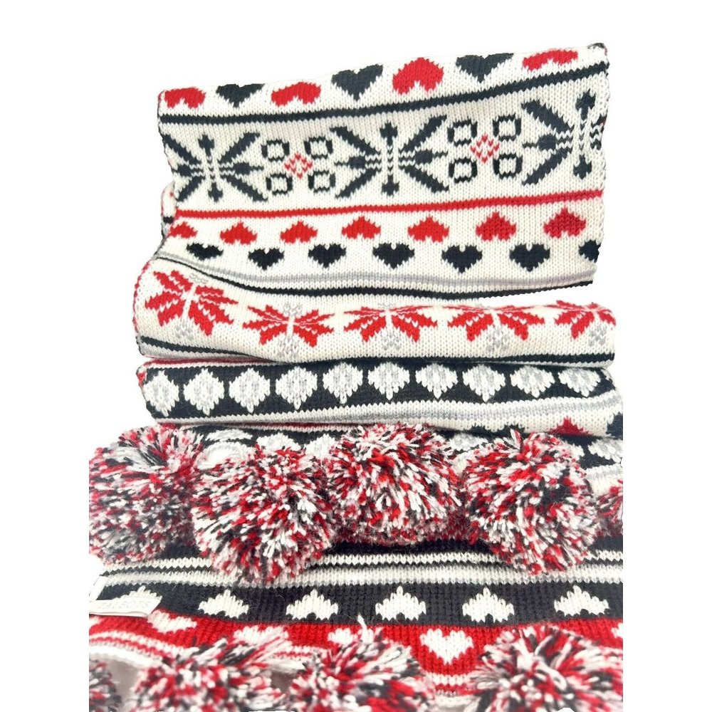 Talbots Nordic Reversible Scarf Snowflakes Hearts POM POMs Fair Isle Apres Ski - Picture 3 of 7